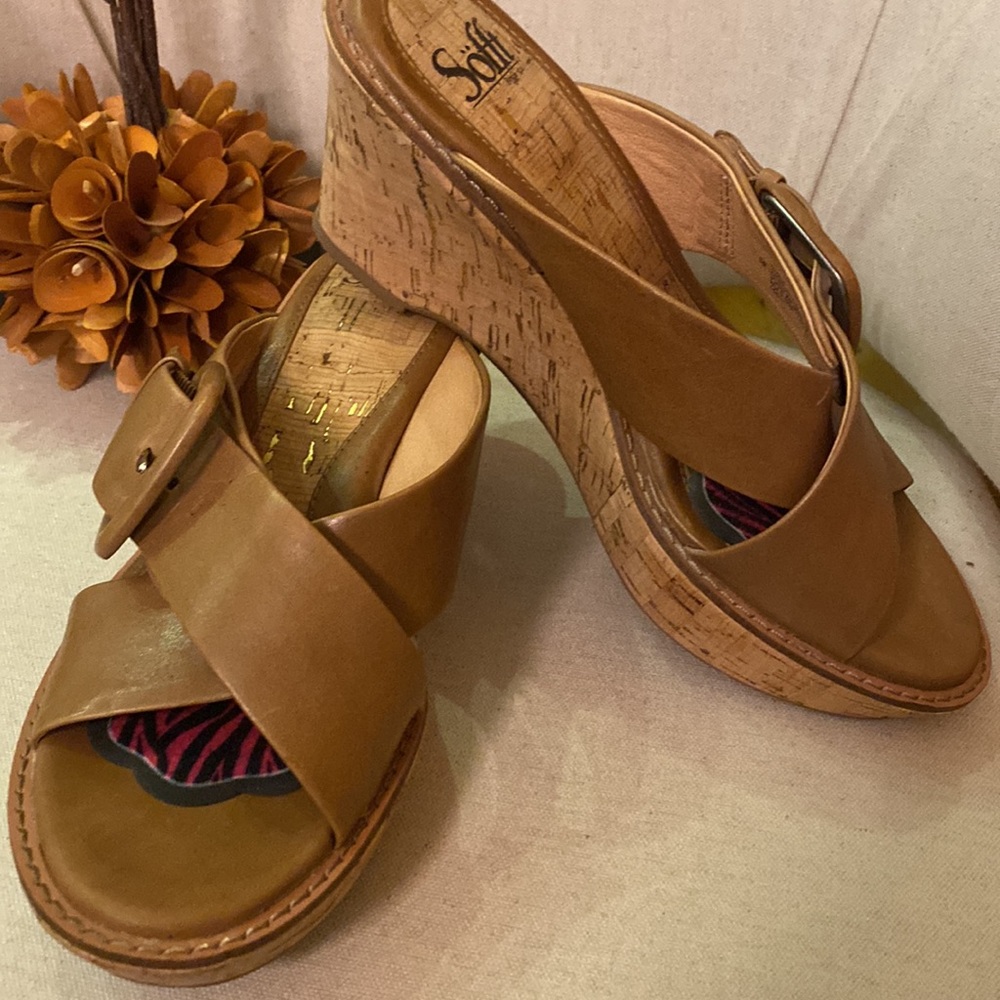 SOFFT Leather Sandals Cork Wedge Slide 9W